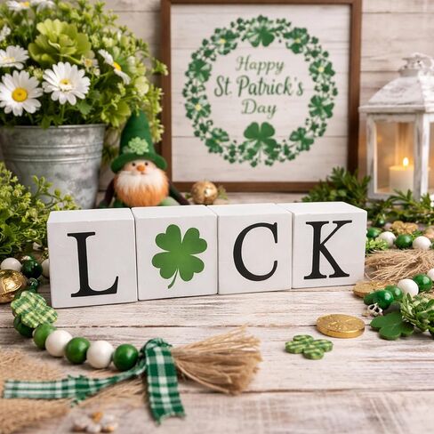 Reversible Valentines Day / St Patricks Day Decorations, 4pcs Wooden Farmhouse Valentines Decor, Valentines Day St Patricks Day Decor For Home Bathroom Mantel Office Table Mantle House, Vintage Love Heart Luck Clover Pattern Signs (White) in Saudi Arabia