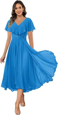 Zqvve Elegant Chiffon Mother of The Bride Dresses Tea Length V Neck Ruched Formal Evening Dress for Wedding in Saudi Arabia