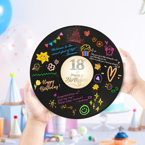 LMVIYAN الفينيل سجل زينة عيد الميلاد الثامن عشر بدائل كتاب الضيوف، حلوة 18 Feliz Cumpleaños ديكورات الحفلات المفضلة، ملصق، هدية رائعة 18 للفتيات والأولاد (18 عامًا) in Saudi Arabia