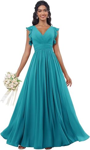 Maxianever Bridesmaid Dresses Chiffon Ruffled Sleeve Long A Line V Neck Formal Dress for Women in Kuwait