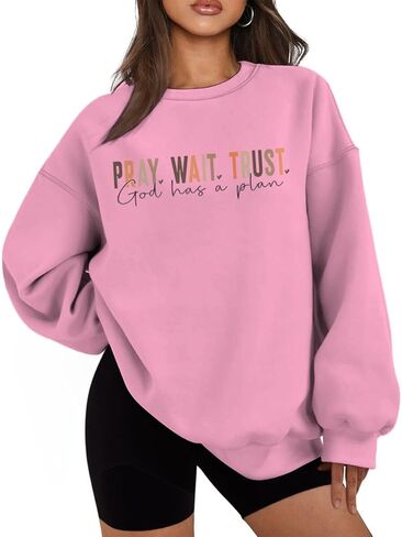 ROSSOSSOR Pray Wait Trust God Has A Plan Christian Sweatshirt Women Cross Graphic Crewneck Pullover Religious Tops Plus Size in Saudi Arabia