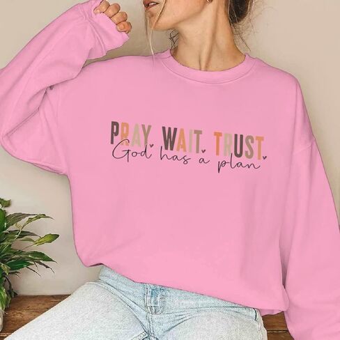 ROSSOSSOR Pray Wait Trust God Has A Plan Christian Sweatshirt Women Cross Graphic Crewneck Pullover Religious Tops Plus Size in Saudi Arabia