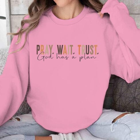 ROSSOSSOR Pray Wait Trust God Has A Plan Christian Sweatshirt Women Cross Graphic Crewneck Pullover Religious Tops Plus Size in Saudi Arabia