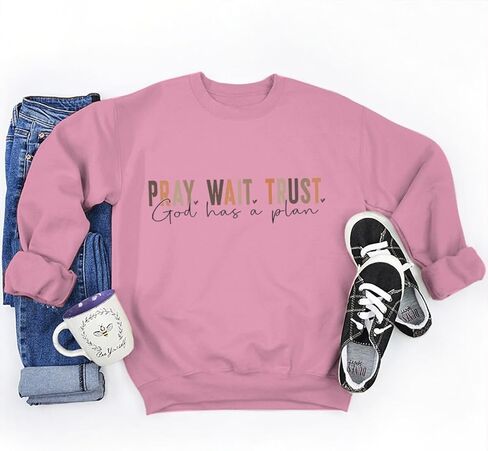 ROSSOSSOR Pray Wait Trust God Has A Plan Christian Sweatshirt Women Cross Graphic Crewneck Pullover Religious Tops Plus Size in Saudi Arabia