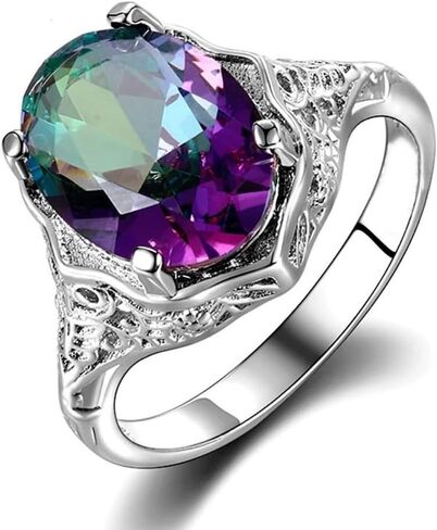 6.5Ct Mystic Rainbow Topaz Ring For Women |18K White Gold Plated Copper | Oval Cut 10X14MM | Gemstone Birthstone | Available In Size 6, 7, 8, 9, 10 in Saudi Arabia