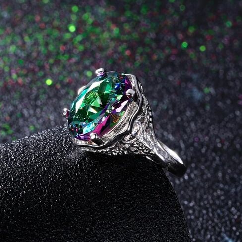6.5Ct Mystic Rainbow Topaz Ring For Women |18K White Gold Plated Copper | Oval Cut 10X14MM | Gemstone Birthstone | Available In Size 6, 7, 8, 9, 10 in Saudi Arabia