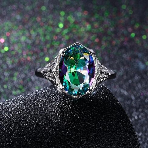 6.5Ct Mystic Rainbow Topaz Ring For Women |18K White Gold Plated Copper | Oval Cut 10X14MM | Gemstone Birthstone | Available In Size 6, 7, 8, 9, 10 in Saudi Arabia