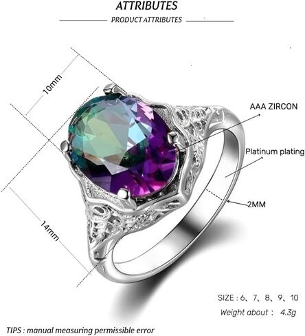 6.5Ct Mystic Rainbow Topaz Ring For Women |18K White Gold Plated Copper | Oval Cut 10X14MM | Gemstone Birthstone | Available In Size 6, 7, 8, 9, 10 in Saudi Arabia