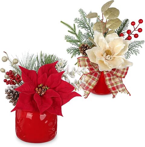 Artificial Christmas Floral Arrangement with Velvet Magnolia Pinecones Berries Ribbon Greenery Faux Flower Centerpiece in Ceramic Pot Holiday Arrangement for Home Mantel Xmas Dining Table Decor in Saudi Arabia