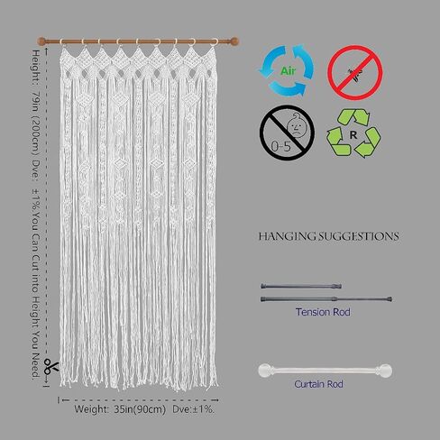 ستارة Atsweetlife Macrame مصنوعة يدويًا ستائر مدخل بوهو، لوحة خلفية باب هيبي معلقة لديكور الزفاف مقسم غطاء بوهيمي لغرفة النوم (طبيعي، 90 × 200 سم / 35 × 79 بوصة، مربع) in Kuwait