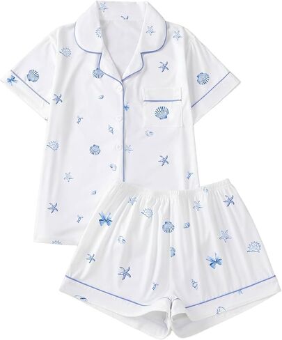 Milumia Women's 2 Piece Pajama Sets Shell Print Button Down Shirt and Shorts Cute Lounge Pj Set in Saudi Arabia