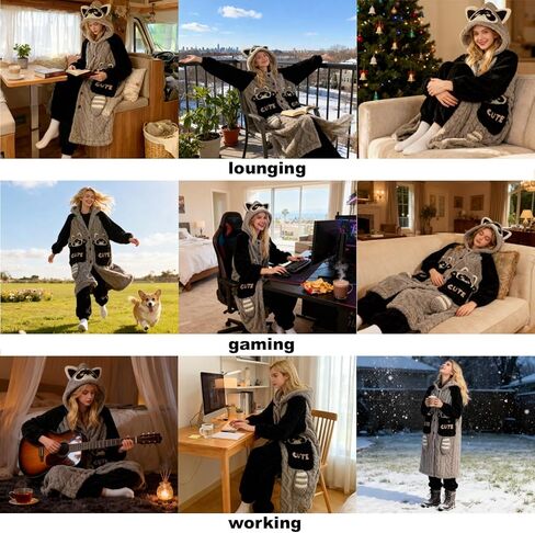 CHERSE Cute Cartoon Winter Hooded Nightgown Pajama Set Robe Snuggie Wearable Blanket Hoodie for Women Animal Raccoon in Saudi Arabia