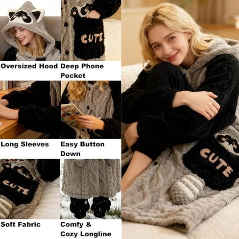 CHERSE Cute Cartoon Winter Hooded Nightgown Pajama Set Robe Snuggie Wearable Blanket Hoodie for Women Animal Raccoon in Saudi Arabia