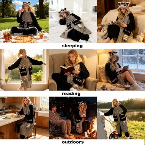 CHERSE Cute Cartoon Winter Hooded Nightgown Pajama Set Robe Snuggie Wearable Blanket Hoodie for Women Animal Raccoon in Saudi Arabia