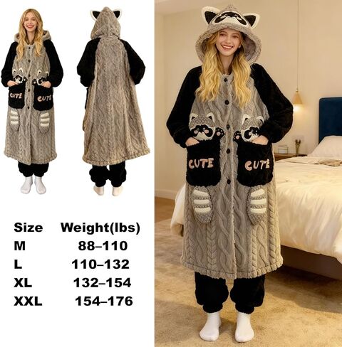 CHERSE Cute Cartoon Winter Hooded Nightgown Pajama Set Robe Snuggie Wearable Blanket Hoodie for Women Animal Raccoon in Saudi Arabia