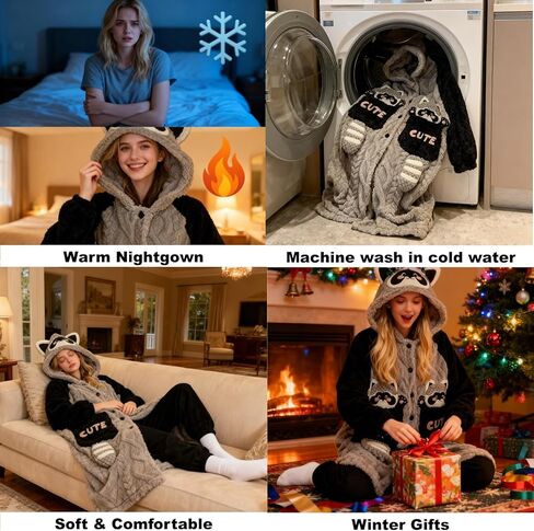 CHERSE Cute Cartoon Winter Hooded Nightgown Pajama Set Robe Snuggie Wearable Blanket Hoodie for Women Animal Raccoon in Saudi Arabia