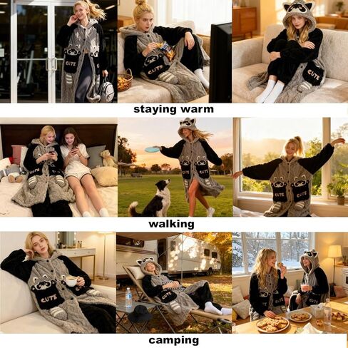 CHERSE Cute Cartoon Winter Hooded Nightgown Pajama Set Robe Snuggie Wearable Blanket Hoodie for Women Animal Raccoon in Saudi Arabia
