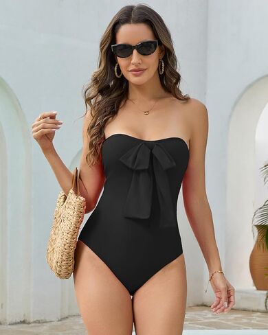 Cromi Women's Strapless One Piece Swimsuit Chest Bow Bathing Suit Built-in Padded Cup Solid Color Stylish Bandeau Swimwear in Saudi Arabia