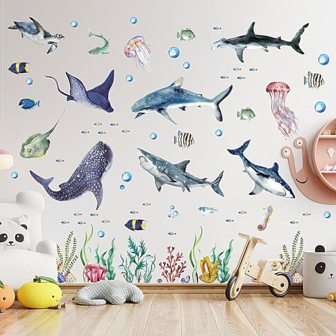 3 قطع من الملصقات الجدارية لأسماك القرش بألوان مائية وملصقات جدارية قابلة للتقشير واللصق على شكل حيوانات المحيط تحت البحر، ملصقات جدارية لموضوع الحياة البحرية وغرفة الحضانة ومستلزمات الحفلات، 11.8 × 35.4 بوصة in Kuwait
