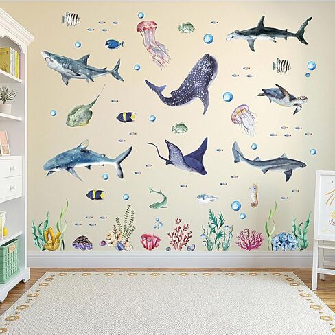 3 قطع من الملصقات الجدارية لأسماك القرش بألوان مائية وملصقات جدارية قابلة للتقشير واللصق على شكل حيوانات المحيط تحت البحر، ملصقات جدارية لموضوع الحياة البحرية وغرفة الحضانة ومستلزمات الحفلات، 11.8 × 35.4 بوصة in Kuwait