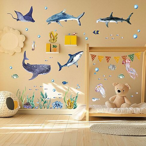 3 قطع من الملصقات الجدارية لأسماك القرش بألوان مائية وملصقات جدارية قابلة للتقشير واللصق على شكل حيوانات المحيط تحت البحر، ملصقات جدارية لموضوع الحياة البحرية وغرفة الحضانة ومستلزمات الحفلات، 11.8 × 35.4 بوصة in Kuwait
