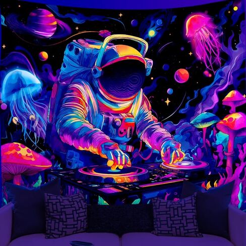 WEBEEDY Blacklight Astronaut Blacklight Tapestry Funny DJ Music UV Reactive Tapestry Mushroom Galaxy Space Tapestries Wall Hanging Aesthetic Room Decor for Home Bedroom Halloween Christmas Party, 59x51 Inch in Saudi Arabia