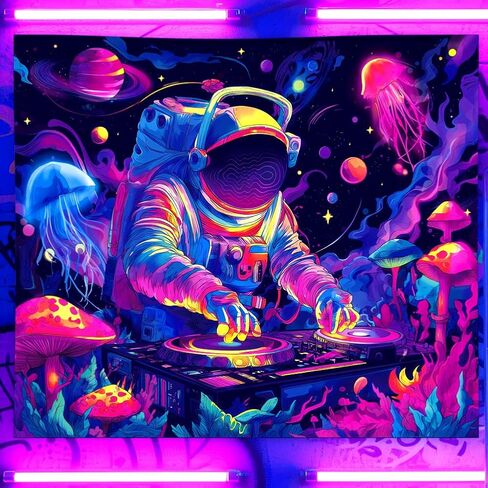 WEBEEDY Blacklight Astronaut Blacklight Tapestry Funny DJ Music UV Reactive Tapestry Mushroom Galaxy Space Tapestries Wall Hanging Aesthetic Room Decor for Home Bedroom Halloween Christmas Party, 59x51 Inch in Saudi Arabia