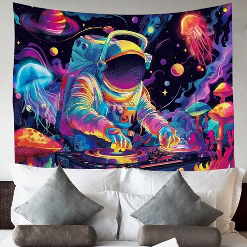 WEBEEDY Blacklight Astronaut Blacklight Tapestry Funny DJ Music UV Reactive Tapestry Mushroom Galaxy Space Tapestries Wall Hanging Aesthetic Room Decor for Home Bedroom Halloween Christmas Party, 59x51 Inch in Saudi Arabia