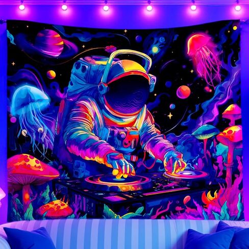 WEBEEDY Blacklight Astronaut Blacklight Tapestry Funny DJ Music UV Reactive Tapestry Mushroom Galaxy Space Tapestries Wall Hanging Aesthetic Room Decor for Home Bedroom Halloween Christmas Party, 59x51 Inch in Saudi Arabia