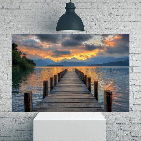 Sunset Lake Dock Vintage Rustic Canvas Wall Art - 12x18in Unframed Poster- Home & Office Decor for Living Room, Bedroom, Kitchen & Cafe in Saudi Arabia