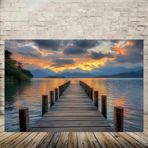 Sunset Lake Dock Vintage Rustic Canvas Wall Art - 12x18in Unframed Poster- Home & Office Decor for Living Room, Bedroom, Kitchen & Cafe in Saudi Arabia