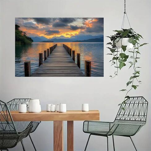 Sunset Lake Dock Vintage Rustic Canvas Wall Art - 12x18in Unframed Poster- Home & Office Decor for Living Room, Bedroom, Kitchen & Cafe in Saudi Arabia