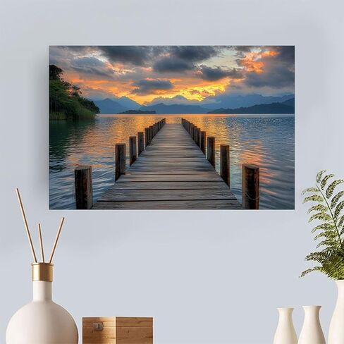 Sunset Lake Dock Vintage Rustic Canvas Wall Art - 12x18in Unframed Poster- Home & Office Decor for Living Room, Bedroom, Kitchen & Cafe in Saudi Arabia