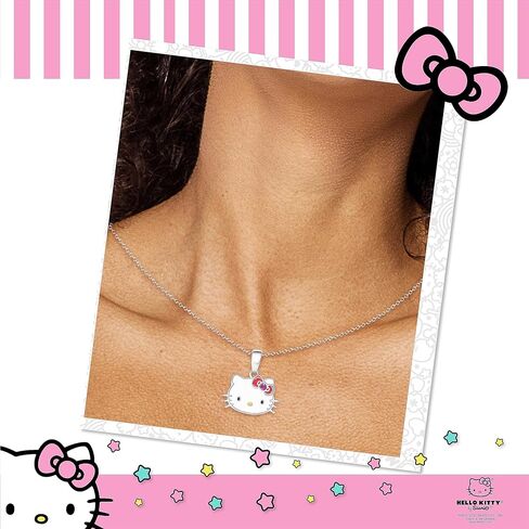 قلادة Hello Kitty Sanrio النسائية مرخصة رسميًا - قلادة مطلية بالفضة مع قلادة من المينا والكريستال in Kuwait
