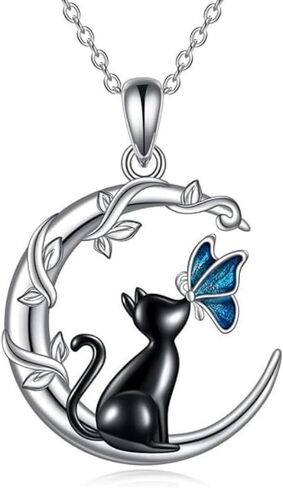 Black Cat Moon Necklace With Butterfly Pendant for Women - Cat Lover Gifts - Small Jewelry in Saudi Arabia