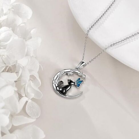 Black Cat Moon Necklace With Butterfly Pendant for Women - Cat Lover Gifts - Small Jewelry in Saudi Arabia