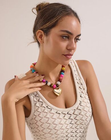 FAUTHENTICUTE Chunky Heart Necklaces For Women With Colorful Beads Boho Beaded Statement Necklace Short Heart Choker Necklace Gift in Saudi Arabia