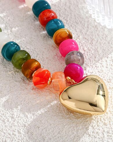 FAUTHENTICUTE Chunky Heart Necklaces For Women With Colorful Beads Boho Beaded Statement Necklace Short Heart Choker Necklace Gift in Saudi Arabia