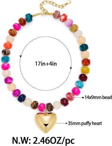 FAUTHENTICUTE Chunky Heart Necklaces For Women With Colorful Beads Boho Beaded Statement Necklace Short Heart Choker Necklace Gift in Saudi Arabia