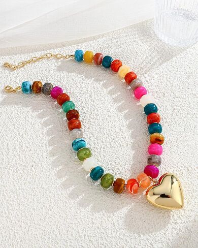 FAUTHENTICUTE Chunky Heart Necklaces For Women With Colorful Beads Boho Beaded Statement Necklace Short Heart Choker Necklace Gift in Saudi Arabia