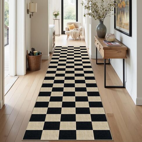 Rugalia Washable Checkered 5x7 Area Rug, Modern Black and Beige Rugs for Living Room Soft Non-Slip Geometric Bedroom Rug, Low Pile Farmhouse Indoor Carpet for Nursery Playroom Dining Room in Saudi Arabia