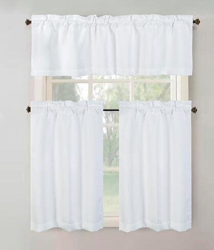 3 Piece Blackout Kitchen Curtain Set, Multi-Function w/Thermal Insulation Features, Energy Saving, Maximum Privacy. 1 Valance 52" X 18", 2 Tiers (Panels) 26" X 36" Each. (White) in Saudi Arabia