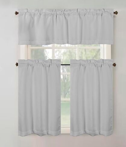 3 Piece Blackout Kitchen Curtain Set, Multi-Function w/Thermal Insulation Features, Energy Saving, Maximum Privacy. 1 Valance 52" X 18", 2 Tiers (Panels) 26" X 36" Each. (White) in Saudi Arabia
