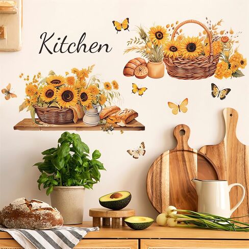 Sunflower Flower Basket Butterfly Wall Stickers, sacinora Yellow Floral Art DIY Wall Decals Removable Vinyl Peel and Stick for Kitchen Nursery Living Room Bedroom Decorations in Saudi Arabia