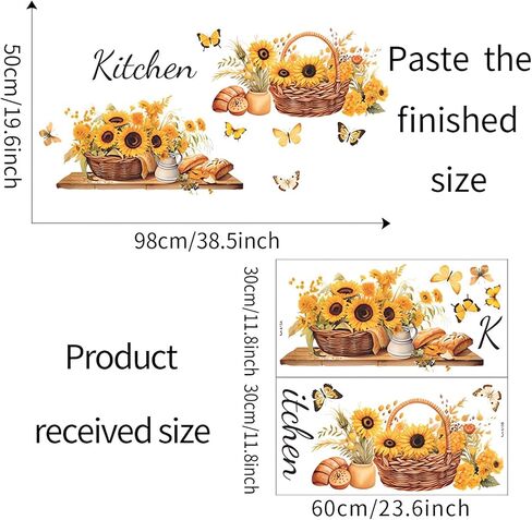 Sunflower Flower Basket Butterfly Wall Stickers, sacinora Yellow Floral Art DIY Wall Decals Removable Vinyl Peel and Stick for Kitchen Nursery Living Room Bedroom Decorations in Saudi Arabia