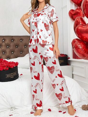 Women's Pajamas Set Soft Comfortable Sleepwear Love Heart Print Nightwear Long Pants in Saudi Arabia