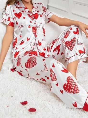 Women's Pajamas Set Soft Comfortable Sleepwear Love Heart Print Nightwear Long Pants in Saudi Arabia