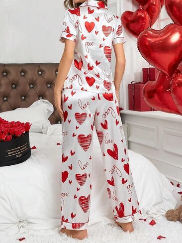 Women's Pajamas Set Soft Comfortable Sleepwear Love Heart Print Nightwear Long Pants in Saudi Arabia