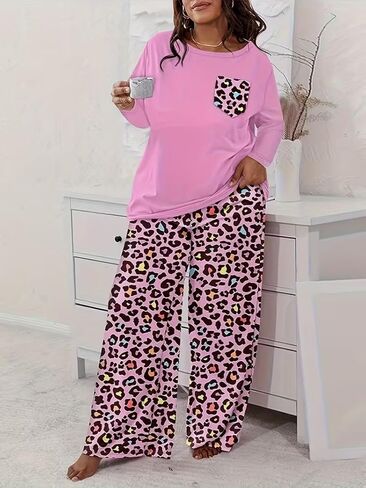 Plus-Size Women's Long-Sleeved Pajama Set, Round Neck, Soft Fabric, Elastic Waistband, Comfortable Women's Loungewear in Saudi Arabia