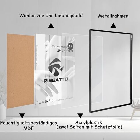Risgatto A3 Picture Frame, 11.7x16.5 Inch Minimalist Aluminum Frame with HD Acrylic, Thin Metal Poster Frame for Wall Mount, Vertical & Horizontal Display – Black in Kuwait